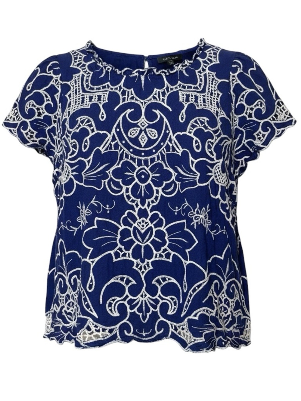 BY Anthropologie Lainie High-Neck Lace Cutwork Blouse Blue Linen Blend Size XL